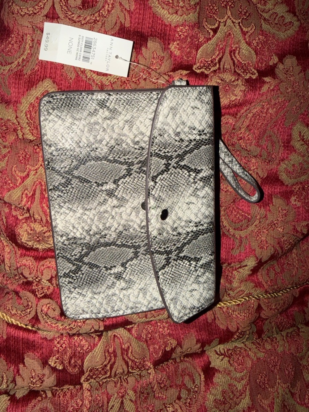 Ann Taylor Snake-Embossed Wristlet Clutch in Gray and Black